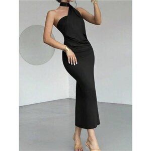 Halter Neck Ruched Bodycon Midi Dress